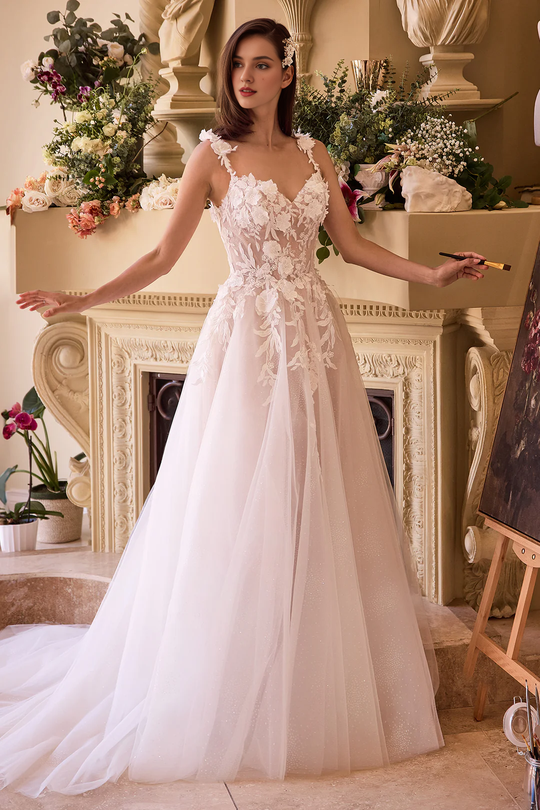 Abito da sposa lungo senza maniche con scollo a cuore e decorazioni floreali 3D